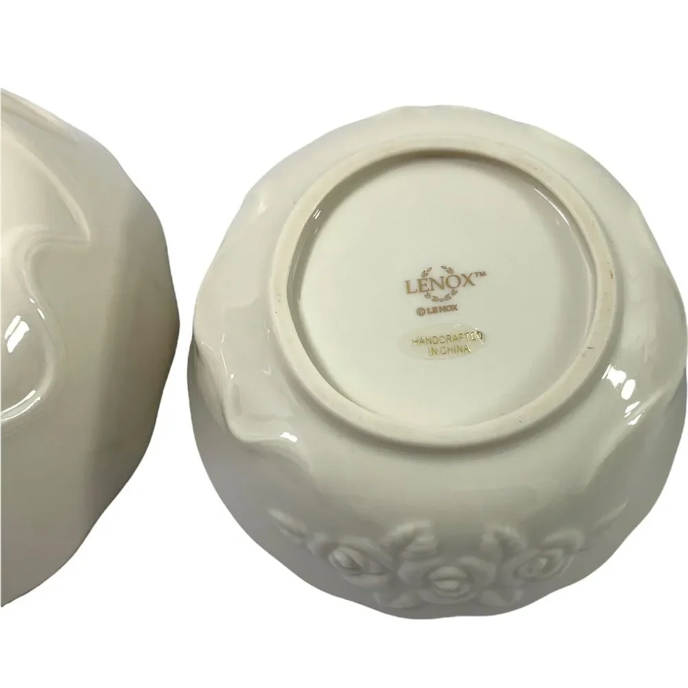 2 Lenox Bowls Ivory Embossed Rose Floral Scalloped Edge Handcraft‎ Goldtone Trim